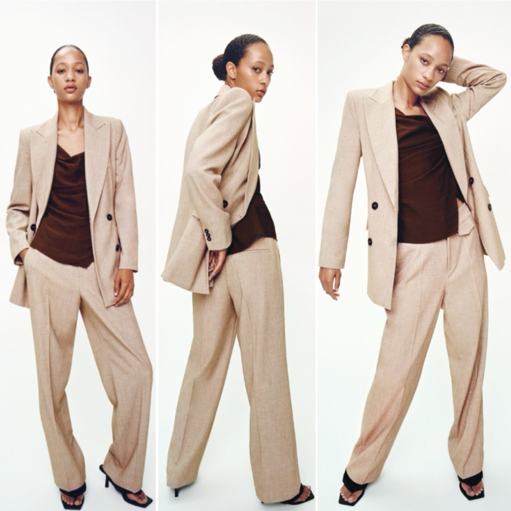 ZARA High Waist Straight Wide-Leg Light Tan Trousers - Size S